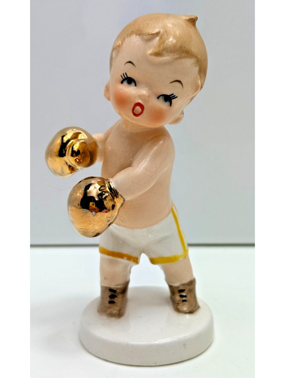 Vtg Baby Boxer Golden Gloves Ceramic Figurine Retro 50s 60s 4.75"